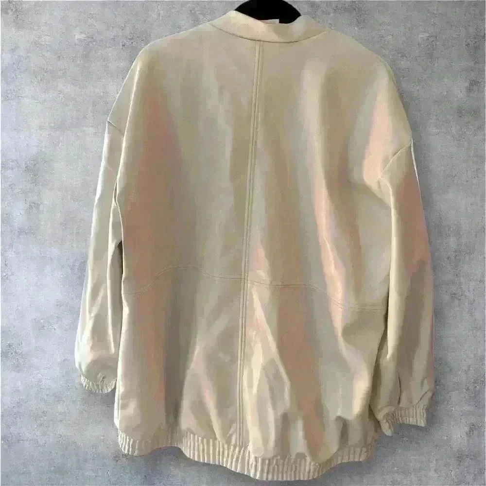 Maeve by Anthropologie ivory women's Oversized Faux Leather Bomber Jacket size L